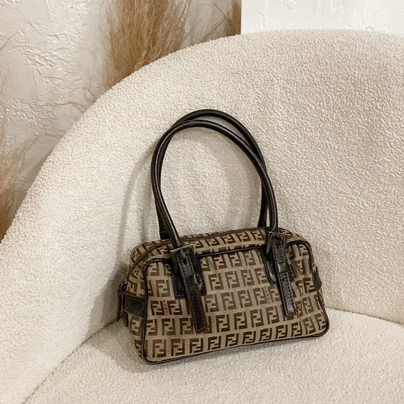 Fendi Zucchino Bauletto Shoulder Bag in Brown and Tan - Picture 3 of 13
